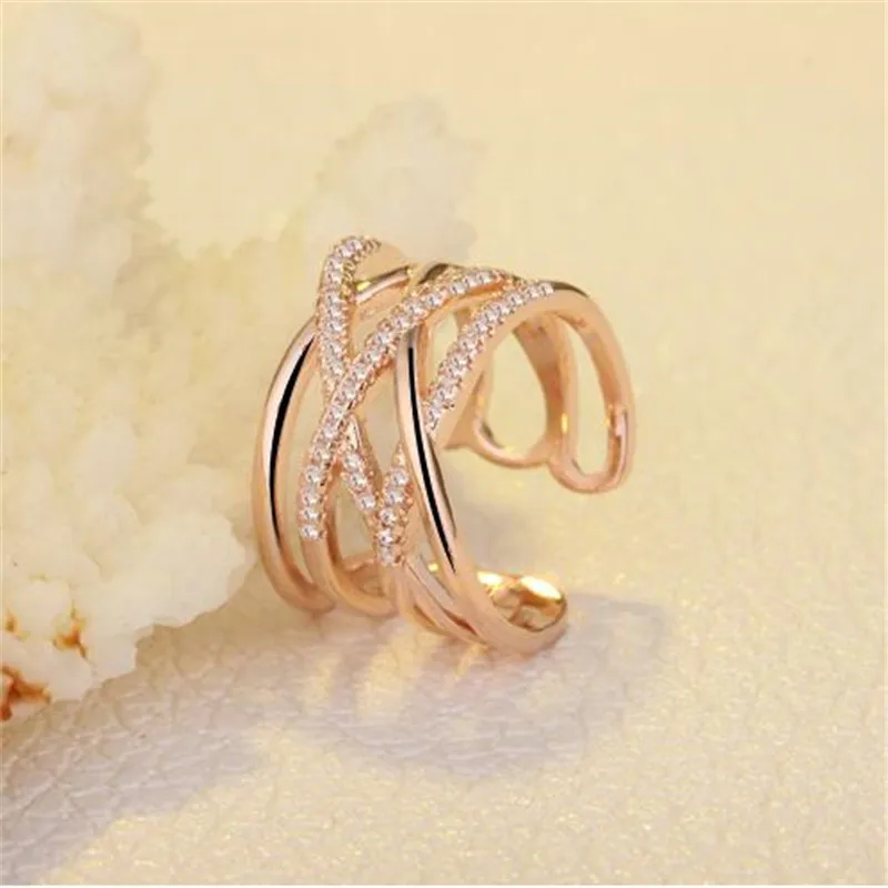 Korean Style 925 Sterling Silver Opening Rings Multi-layer Line Cross Mosaic Zirconia Rings For Women Jewelry S-r243