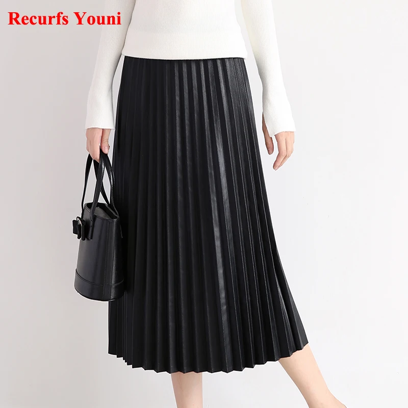 Ropa De Mujer 2023 Elegant Fashion Women Full-length Genuine Leather 75cm Long Pleated Skirt Lady Nappa Street Black Jupe Faldas