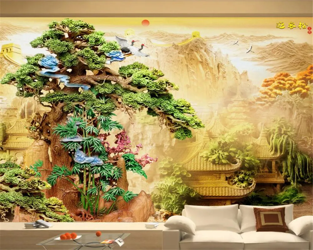 

Customized murals papel de parede 3D boutique wood carving pine egret Chinese style backdrop wall paper home decor 3D Wallpaper