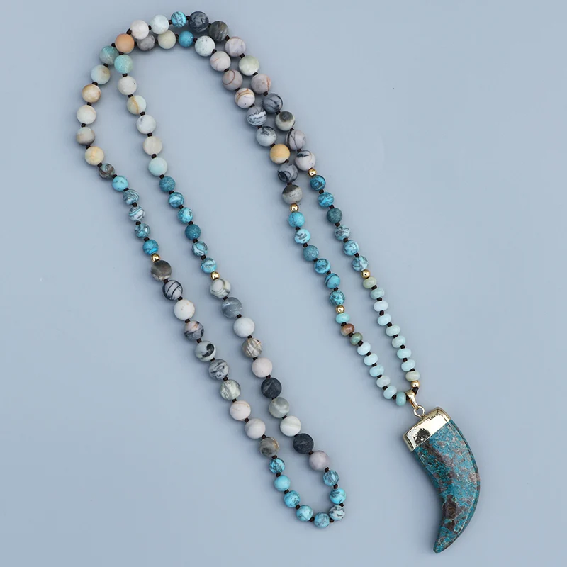 EDOTHALIA Blue Ocean Stone Pendant Necklace Women 108 Beads Picasso & Amazonite, Magic Blue Stone Yoga Mala Necklace