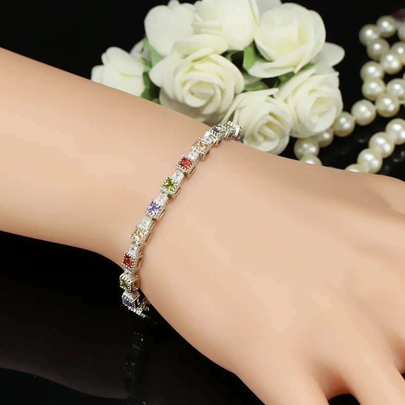 BeaQueen Newest Green Purple Red Champagne Multicolor Square Cubic Zircon Crystal Tennis Bracelet for Ladies Jewelry Gift B106