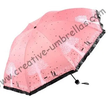 Imitation paradise ,three fold, lacing fringe,hand open,windproof,bag parasol,UV protecting,black coating,any pantone colour