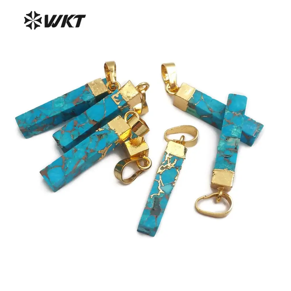 WT-P1453 WKT Gold Electroplated Rectangle Cylindrical Blue Vein Turquoises Pendant Women Fashion Necklace Pendant Jewelry 4