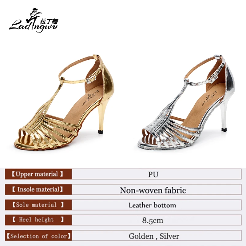 Ladingwu Hot Selling Golden/Silver PU High quality Heel Dance Shoes Latin Woman Party Performance Ballroom Dance Shoes Heels 8.5