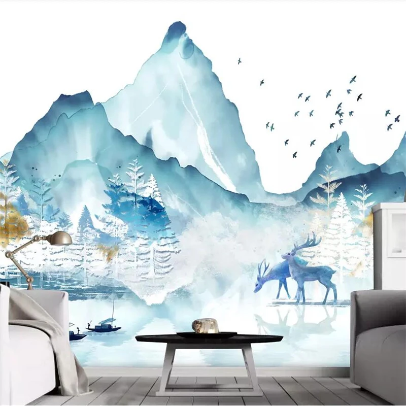 

wellyu Abstract Ink Landscape Elk Forest New Chinese Background Wall Customized Large Mural Environmental Wallpaper