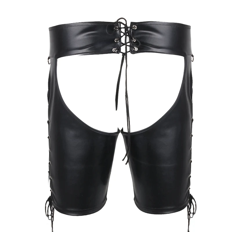YiZYiF Gay fetish Men underwear Faux Leather Lace Up Pants Open Butt Shorts wetlook Bondage Open Cortch Shorts Gothic Gay Men