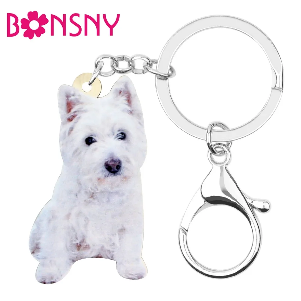 Bonsny Acrylic Cute West Highland White Terrier Key Chains Keychain Rings Fashion Animal Jewelry For Women Girl Teens Decoration