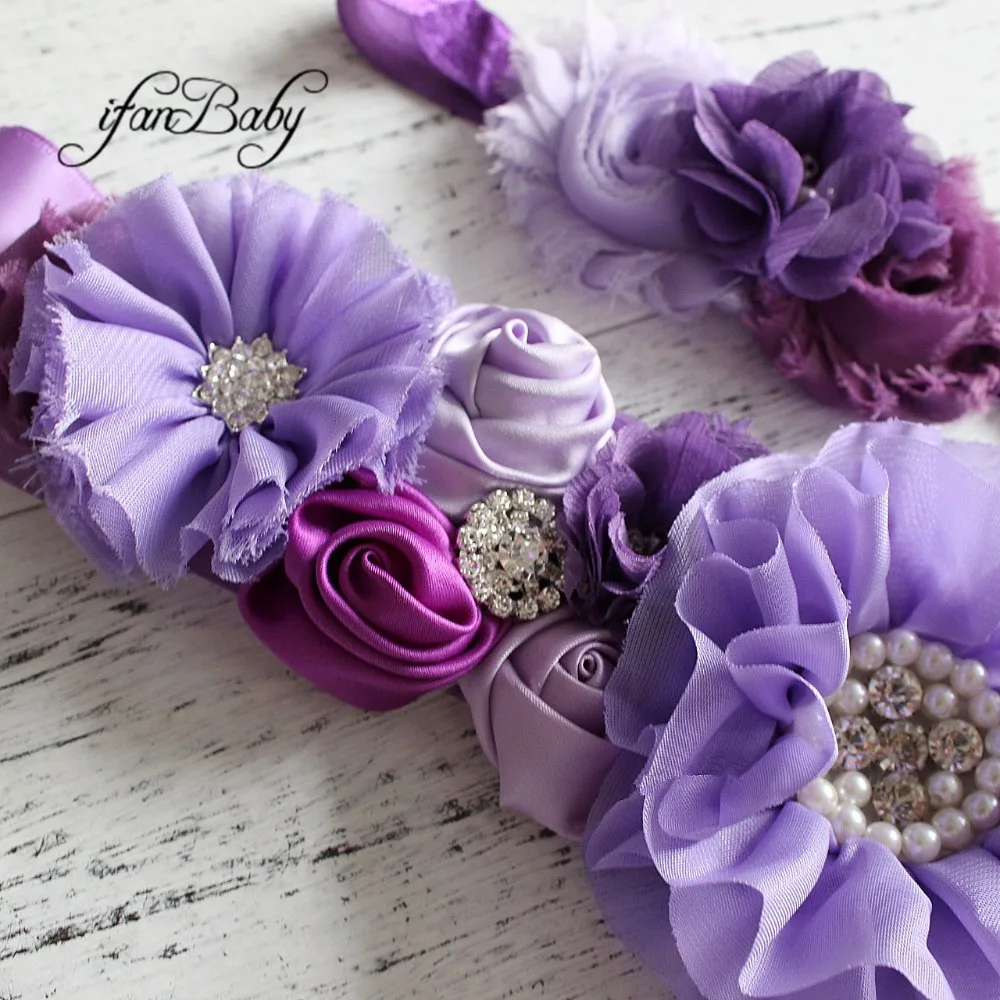 Fashion Lavender purple flower Belt,Girl Woman Sash Belt Wedding Sashes belt  with flower headband 1 SET