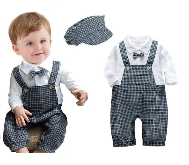 

Newborn Baby Boys infantil Long Sleeve Outfit Hat+Romper Gentleman Bowknot Rompers Jersey New born Plaid Clothes roupa de bebe