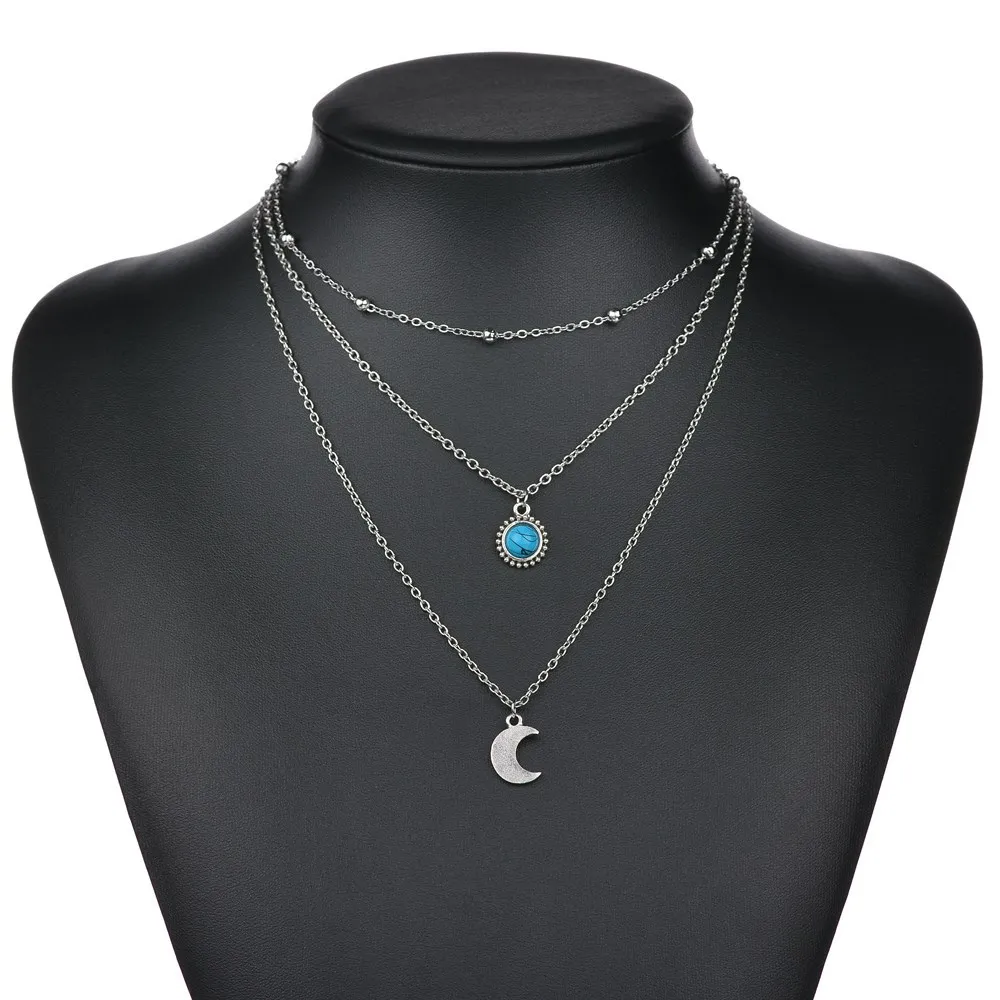 2019european And American Fashion Popular Three-layer Necklace Female Evil Eye Jewelry  Turquoises Stone Classic Moon  New