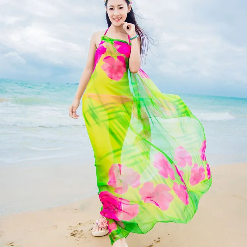 Women\'s Long Striped Rainbow Print Chiffon Scarves Sarongs Hijab Beach Swimsuit Cover Up Bikini Scarf Hot
