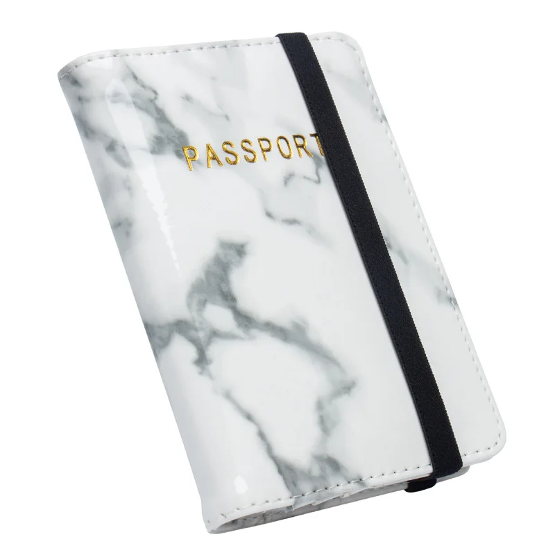 White Glossy Marble Pu Leather Passport Holder Complex Cute Business Credit Card Passport Cover With Elastic String