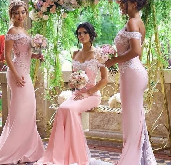 Apliques de encaje rosa para dama de Honor, vestidos largos de sirena para dama de Honor, fiesta de boda con tren, talla grande maxi 2-26w, 2018