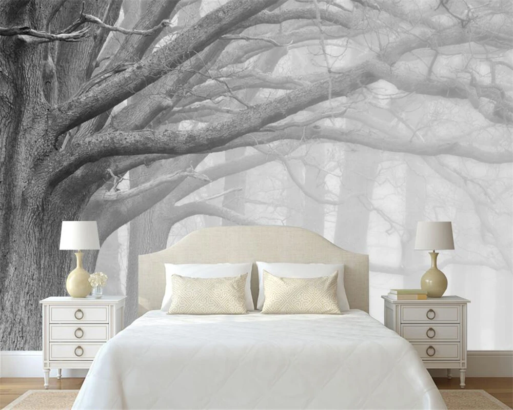 Custom wallpaper misty forest mural home decoration black and white big tree living room bedroom decoration Self-adhesive mural