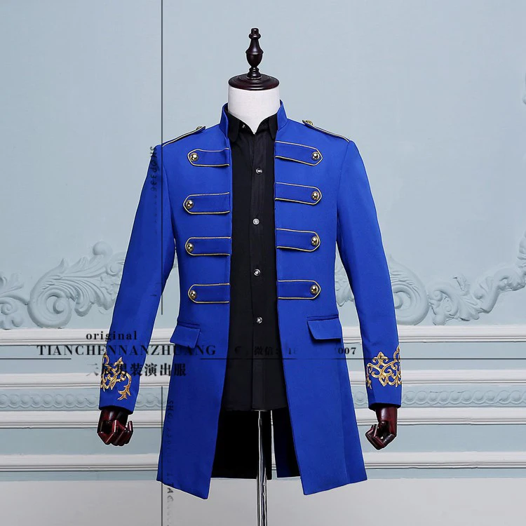 

Free shipping mens royal blue/white/black embroidery medieval tuxedo jacket/stage performance, this is only jacket.