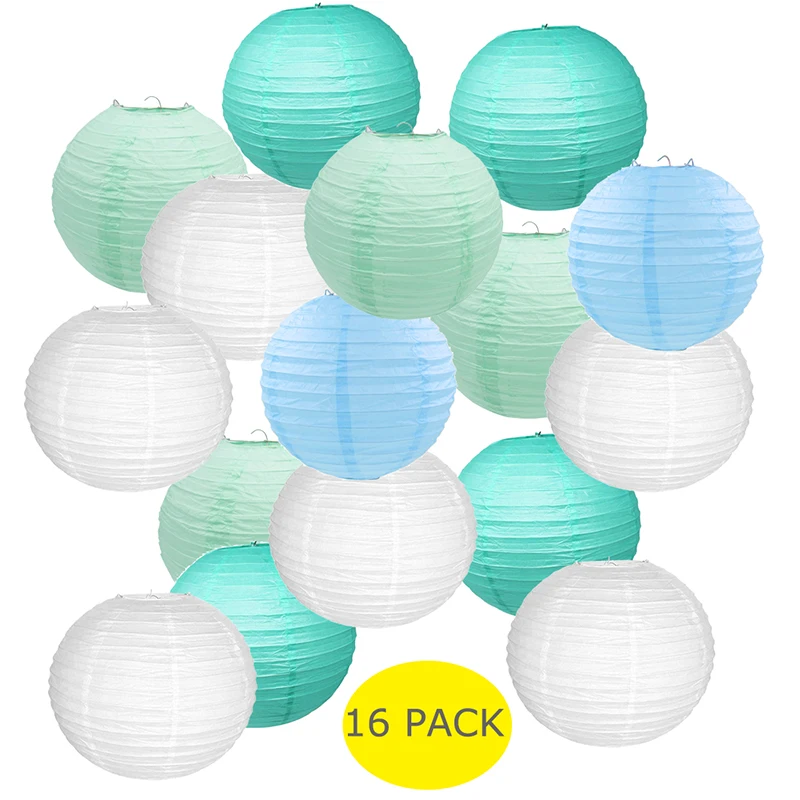 

16 Pcs/Lot 14inch White Mint Blue Paper Lanterns Assorted Colors Hanging Ball lampion Wedding Outdoor Indoor Party Decor Favor