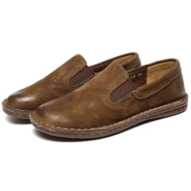 Whensinger -2023 Genuine Leather Women's Flat Shoes Casual Loafers Slip On Women Shoes Flats Soft Moccasins Lady Driving Shoes