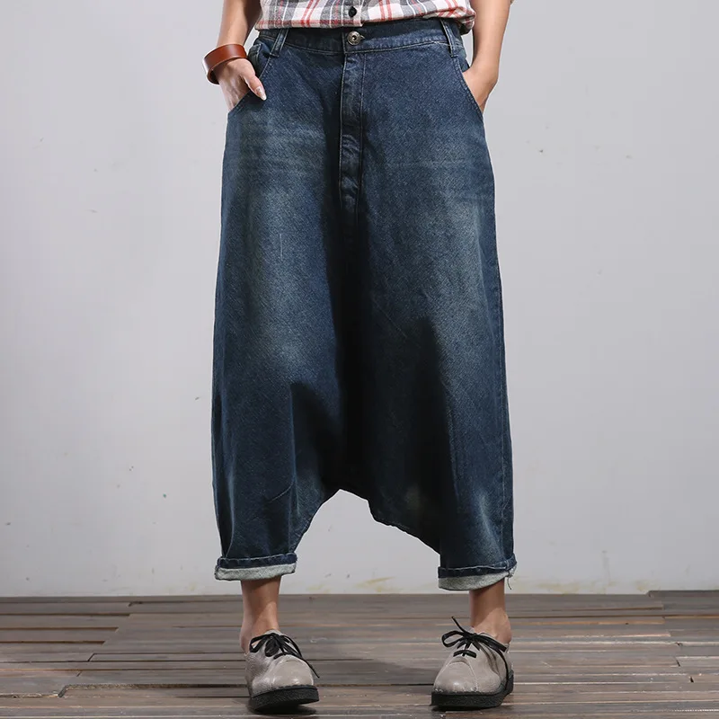 Denim Cross-pants Women Baggy Jeans Aladdin Indian Nepal Cowboy Bloomers Vintage Washed Streetwear Hip Hop Trousers