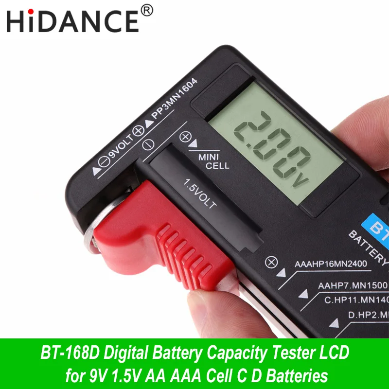 HiDANCE-probador de capacidad de batería Digital portátil, dispositivo LCD para voltaje de 9V, 1,5 V, pilas AA, AAA, C, D, BT-168D