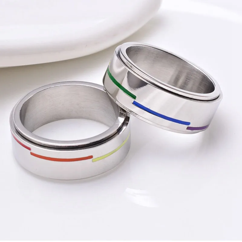 New Stainless Steel LGBT Ring Rotatable Rainbow Flag Anillos Gays Lesbian Jewelry Silver Plated Lovers Bague Women 6-11 Size