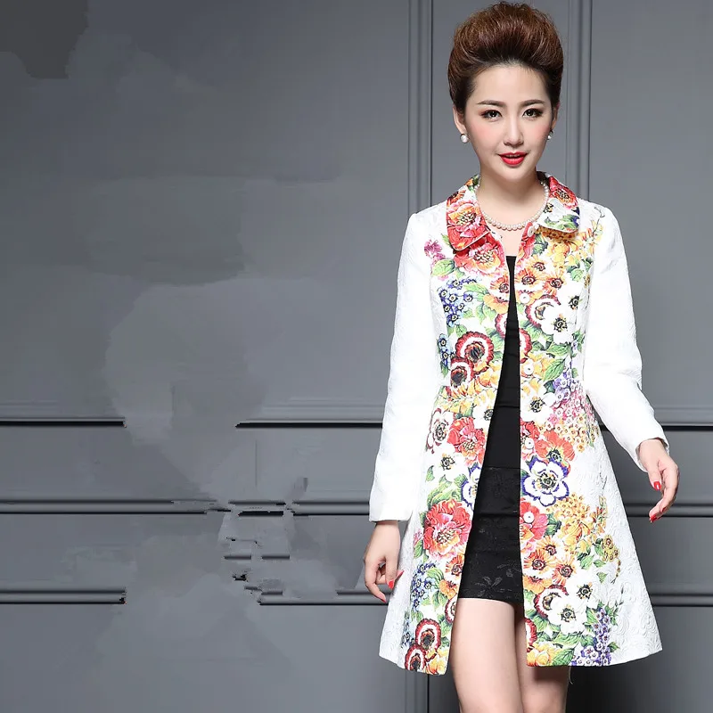 Plus size S-4XL 2024 Trench coat women turn-down collar white Women flower print jacquard outerwear Women's Overcoat jacket