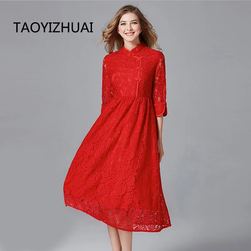 

TAOYIZHUAI 2019 New Arrival Winter Women Red Dress Plus Size L Hollow Out Fit And Flare Thicken Women Lace Long Dress 14152(R)