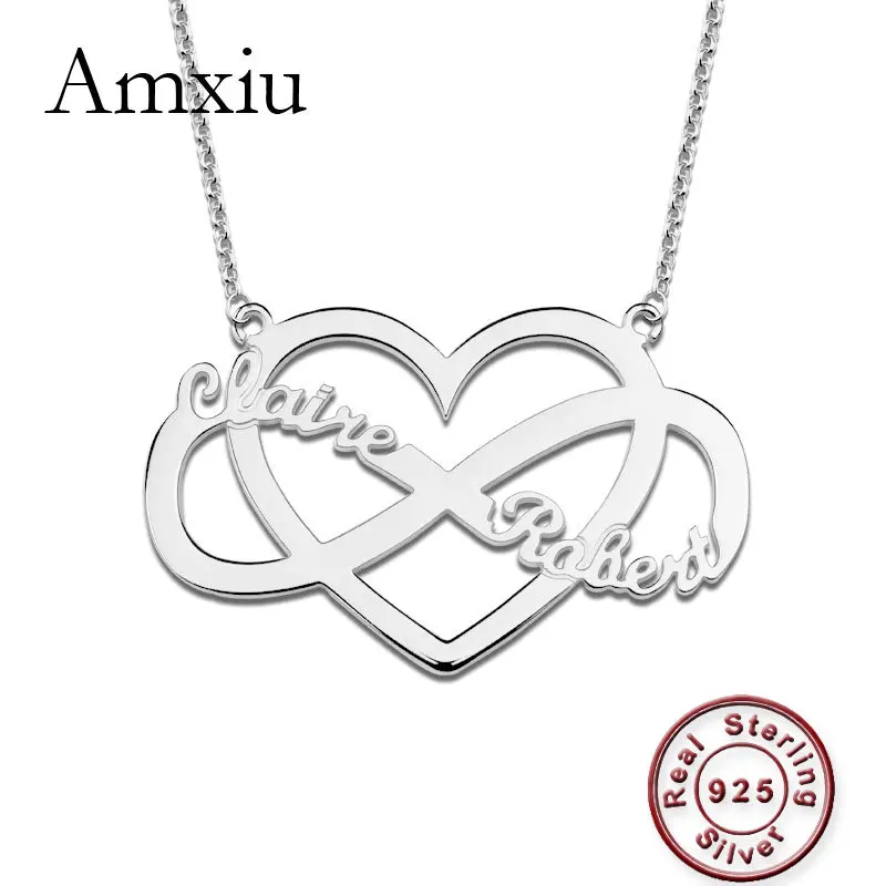 Amxiu Personalized Name Necklace DIY 925 Sterling Silver Choker Customize 2-4 Names Heart Bowknot Necklace For Women Accessories