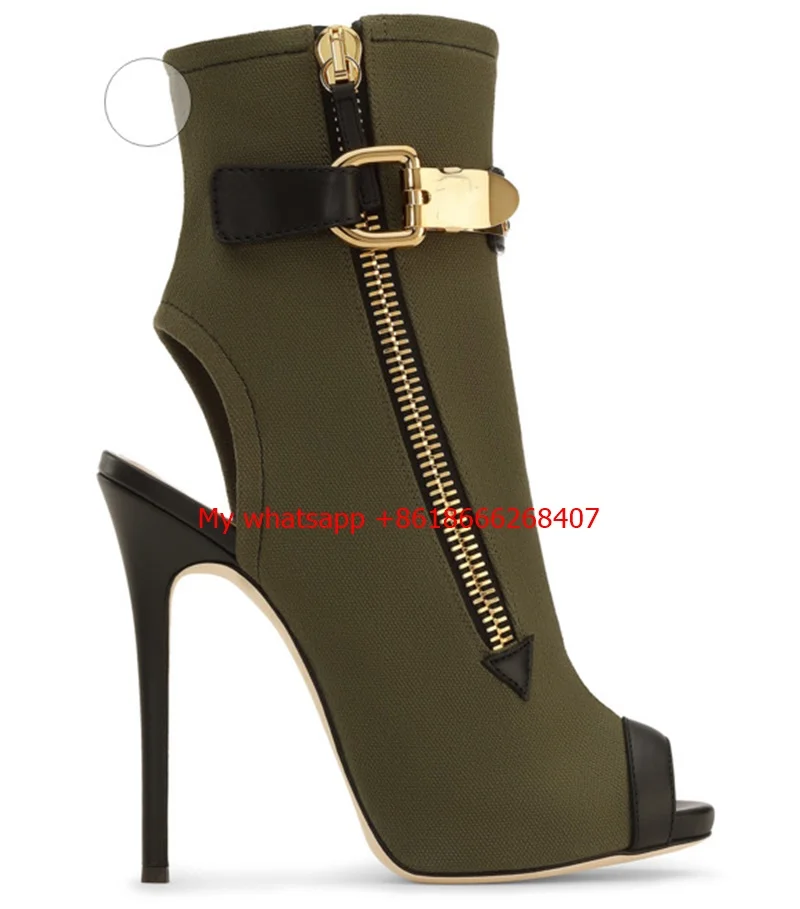 Army Green Gold Buckle Side Zipper High Heel Ankle Boots Women Open toe Fashion Gladiator Sandal Boot Womans