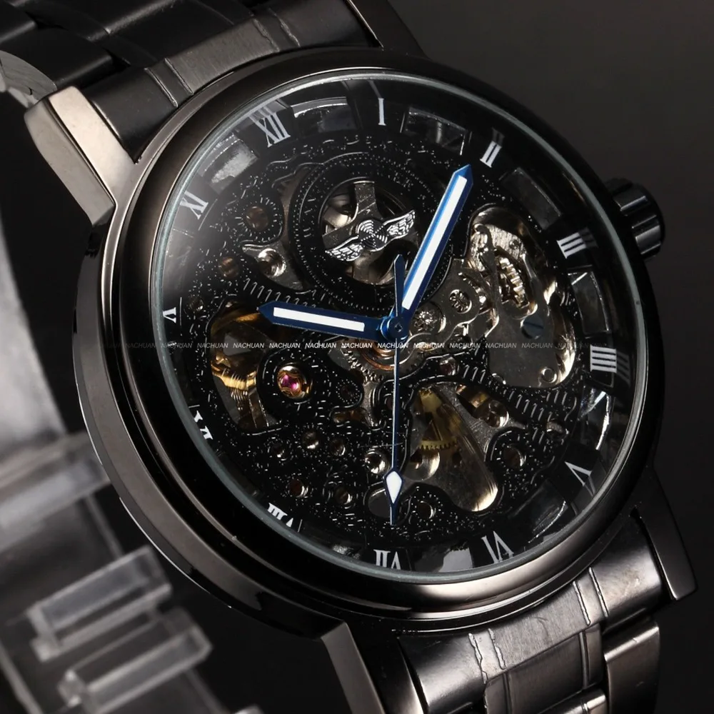 Winner Top Brand Luxury Skeleton Black Stainless Steel Blue Hands Luminous Mens Watches Watch Men Montre Homme Automatic Watches