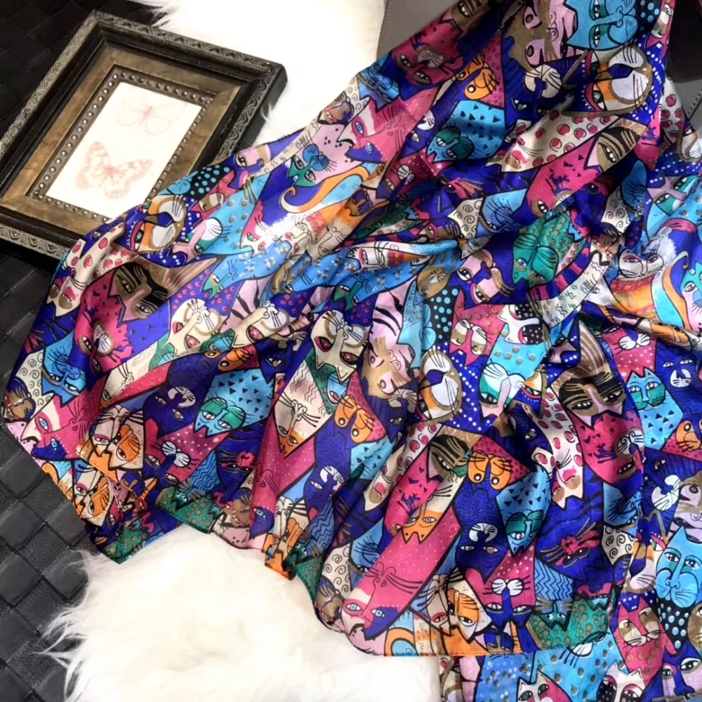 

[BYSIFA] 2022 New Blue Pink 100% Silk Scarf Shawl Fashion Accessories Cute Cartoon Cat Pure Silk Scarf Fall Winter Long Scarves