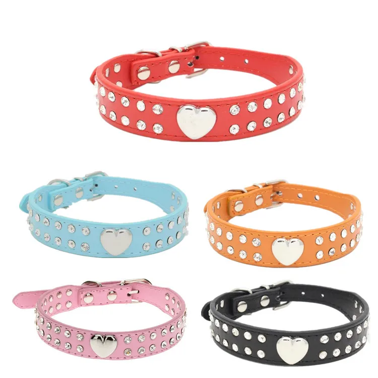 500pcs/lot Fast shipping 2 Rows Rhinestone Diamante Leather Dog Collars Pets Crystal Collar With Nice heart 4 sizes