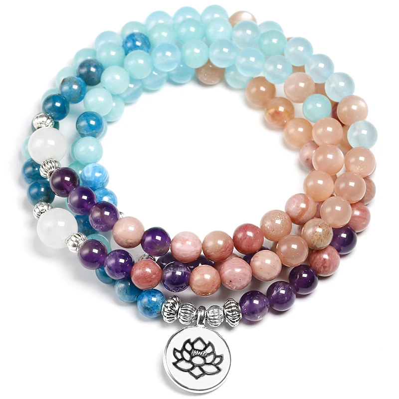 Apatite With Rhodochrosite Natural Stone Meditation Mala 108 Beads Handmade Yoga Bracelet Women Men Charm Jewelry