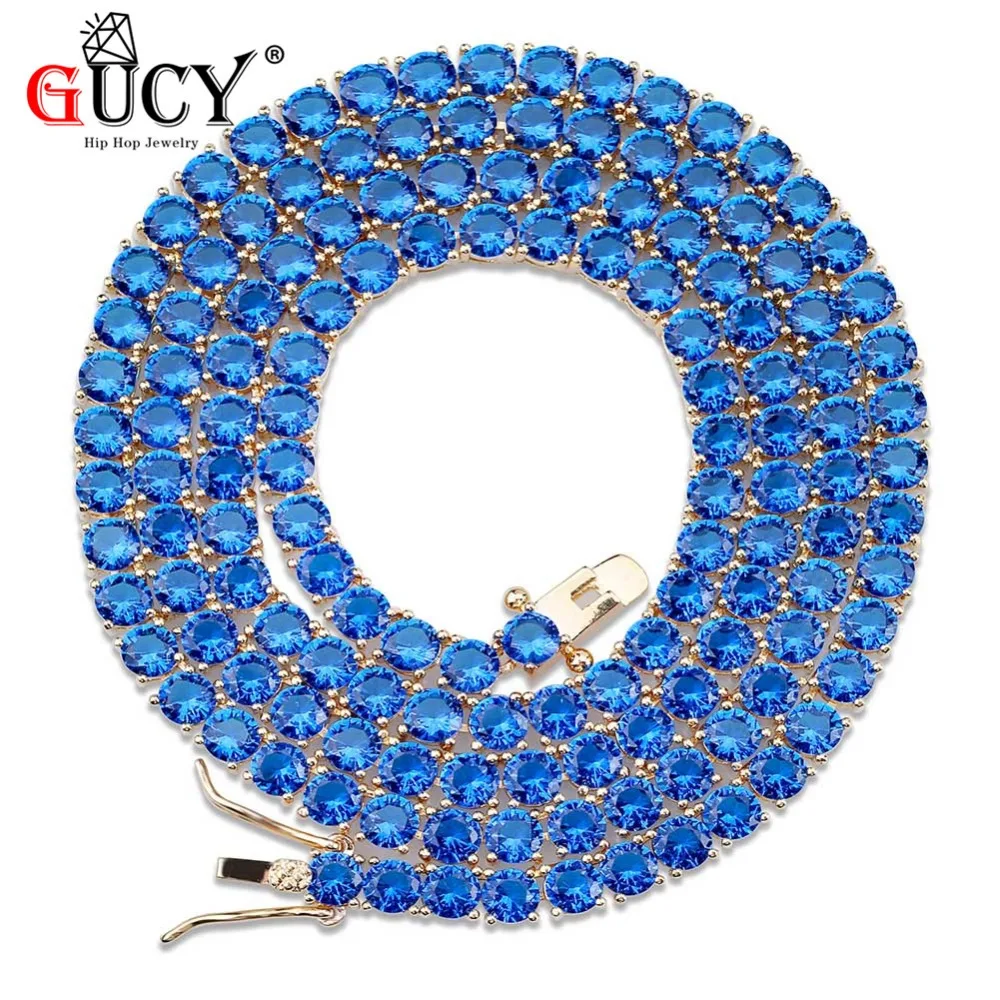 GUCY 4mm Hip Hop Iced Out Necklace Gold Silver Color Plated Micro Pave Red Blue Cubic Zircon Stones 1 Row Tennis Chain Necklaces