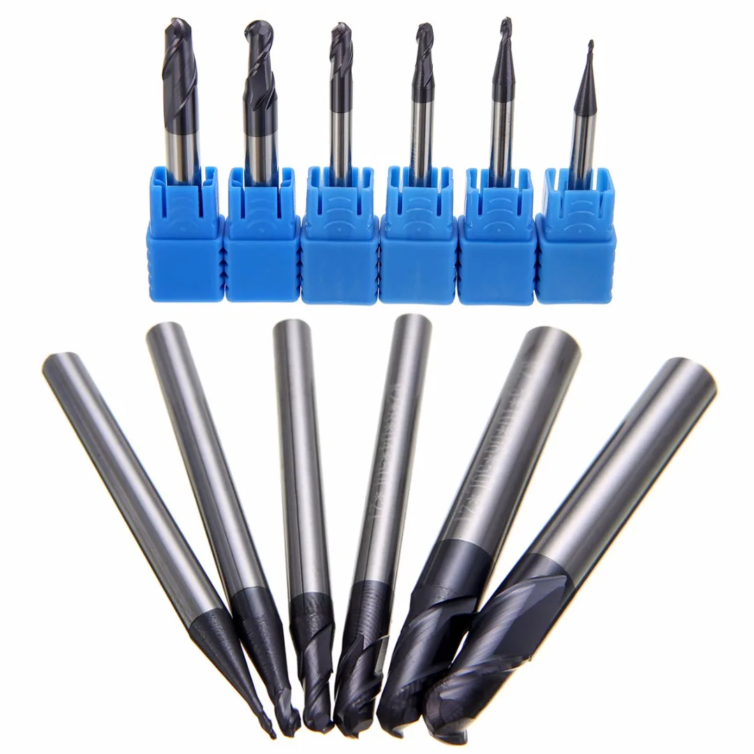 6pcs 2 Flute Ball Nose End Mill 50mm Nitrogen Coated CNC Milling Cutting R0.5-3.0mm  For Power Tools