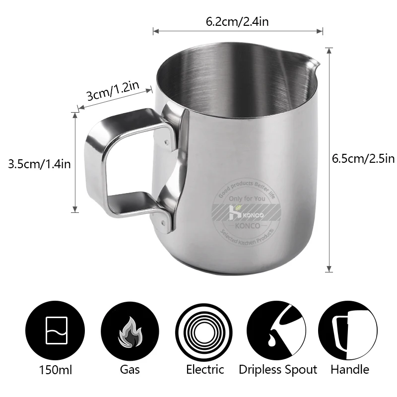 Konco 150ml Stainless Steel Milk Frothing Pitcher Coffee cup Boiler Cup Jug Creamer for Barista Espresso Machines