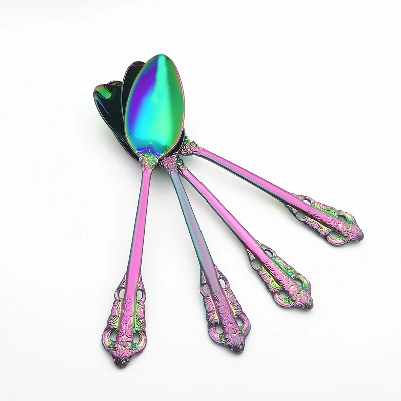 Dessert Spoons Serving Scoop Hollow Out Ladle Stainless Steel Spoon Rainbow Dipper Dinnerware Set Big Size Colorful Cutlery 4pcs