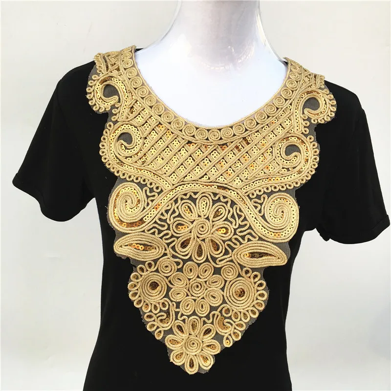 1pcs Craft Gold Neckline collar Venise Sequin Floral Embroidered Applique Trim Decorated Lace Neckline Collar Sewing Accessories