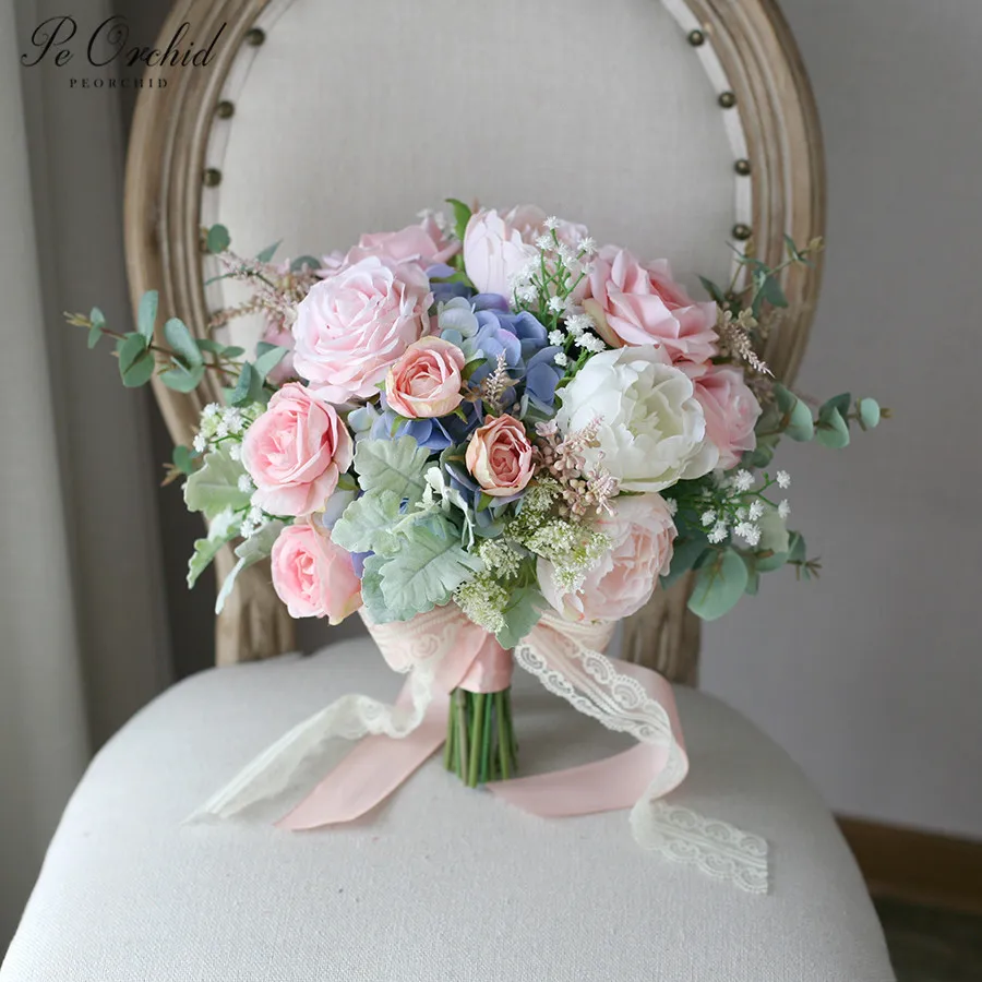 

PEORCHID Luxury Pink Blue Hydrangea Rose Wedding Boquets Artificial Ramo Novia Silk Bride Holding Flower Peony Bridal Bouquet