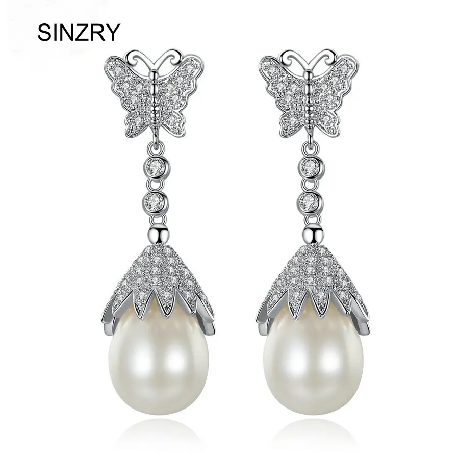 SINZRY Elegant AAA cubic zircon Clear white butterfly simulated pearl waterdrop wedding dangle earrings for women