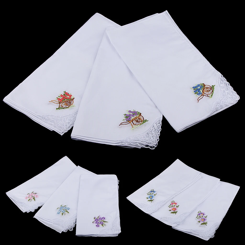 Bộ 12 Thêu Hoa Cotton Khăn Tay Thoải Mái Bỏ Túi Hanky Vuông Khăn Tay Nữ Trắng