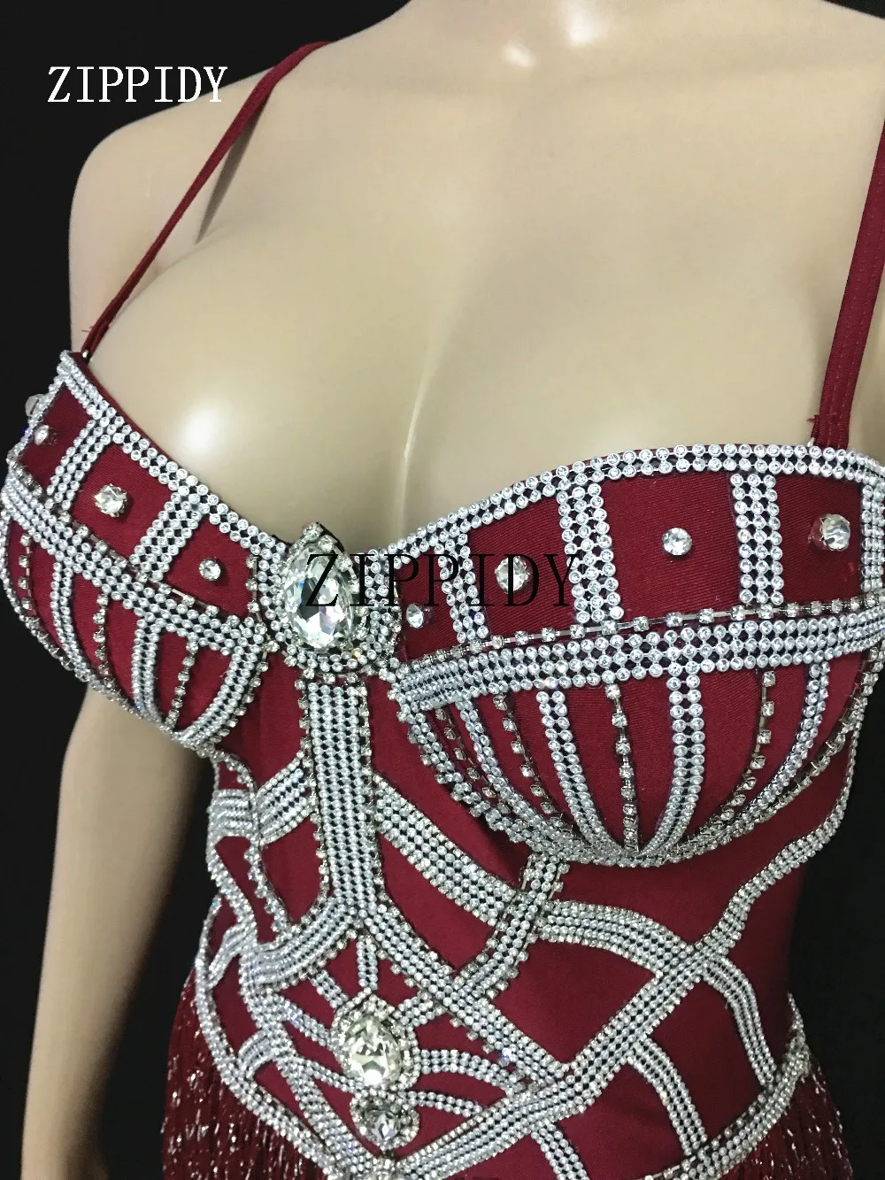 New design Shining Crystals Red Tassels Bodysuit Sparkly Stage Dance Performance Outfit Nightclub  Wear Show Clothes