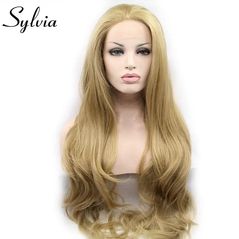 Parrucche frontali in pizzo biondo sintetico Sylvia 24 # per capelli da donna fibra naturale resistente al calore lunga ondulata morbida