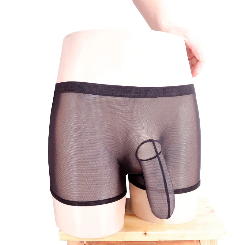 The Hot Sexy Mens Transparent Mesh Lingerie Boxer Underwear with Elephant Bulge Black White Color For Man Gay