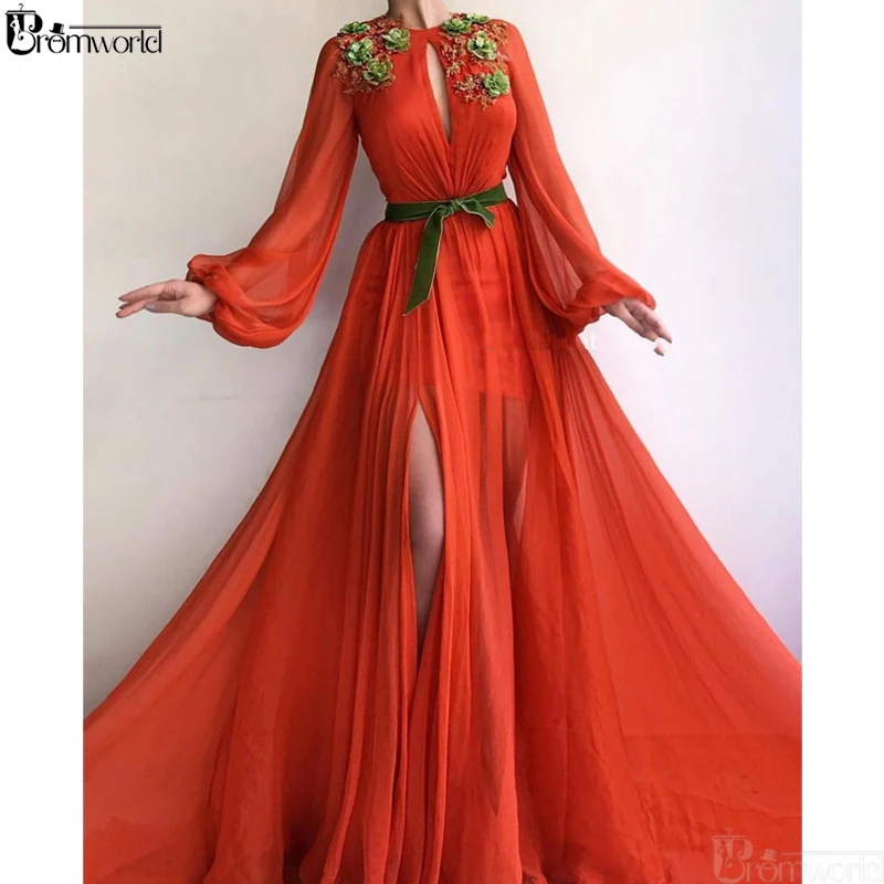 Orange Muslim Evening Dresses Slit Chiffon A-Line Prom Dress Flowers Appliques Dubai Saudi Arabic Long Sleeve Evening Gown