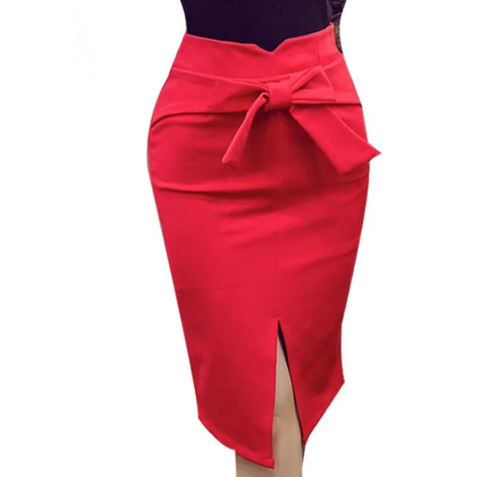 Women Skinny Pencil Skirt Plus Size New Fashion Knee Length High Waist Casual Bodycon Skirt Bow skirts faldas mujer saia 5XL