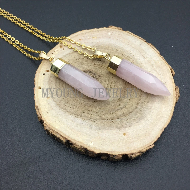 

MY0957 Roses Quartz Pillar Point Spike Pendant Pink Crystal Quartz Necklace With Gold Chain Necklace kolye