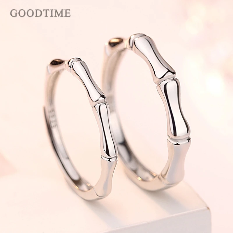 Fashion 100% Real 925 Sterling Silver Rings Wedding Bridal Ring Couple Jewelry Bamboo Shape Adjustable Ring Engraved Girl Gift