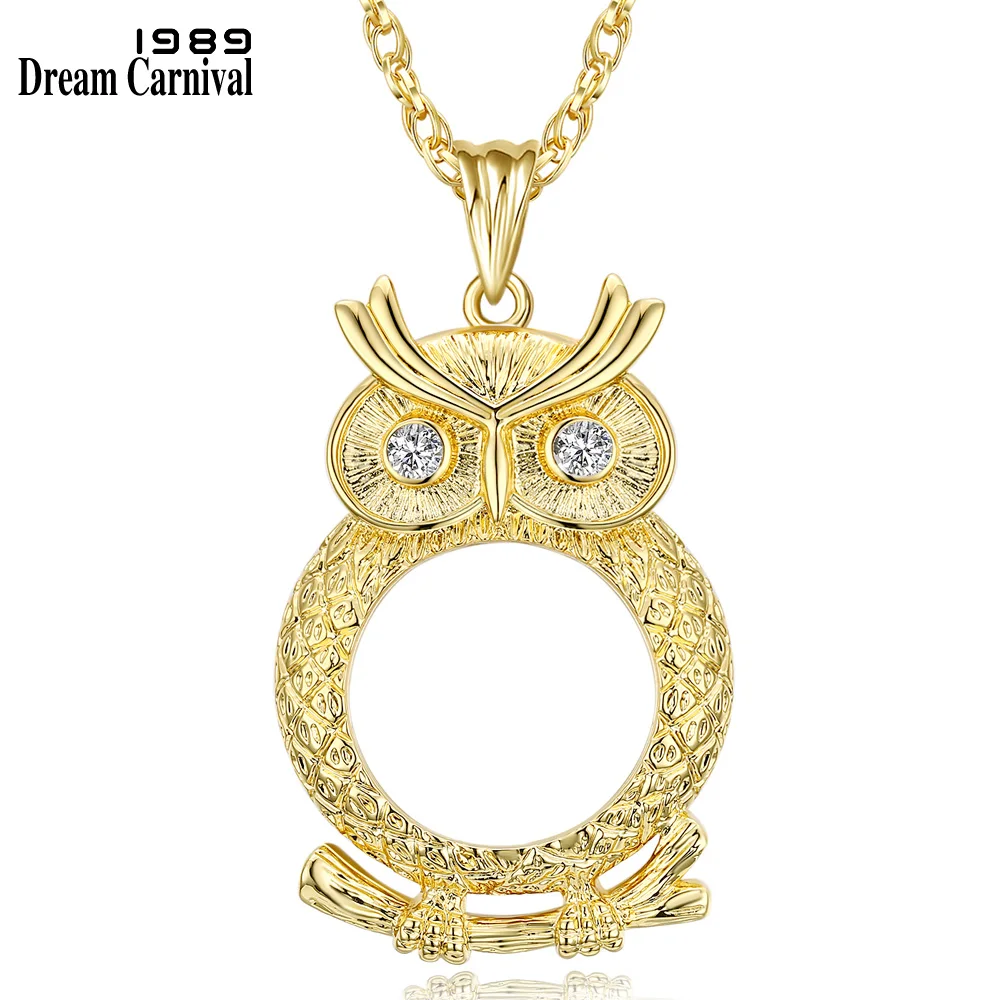 DreamCarnival 1989 Women Long Collier Chain Necklace 2X Zoom Len Crystal Owl Pendant Gold Color Gift for Mother Parents P-0015