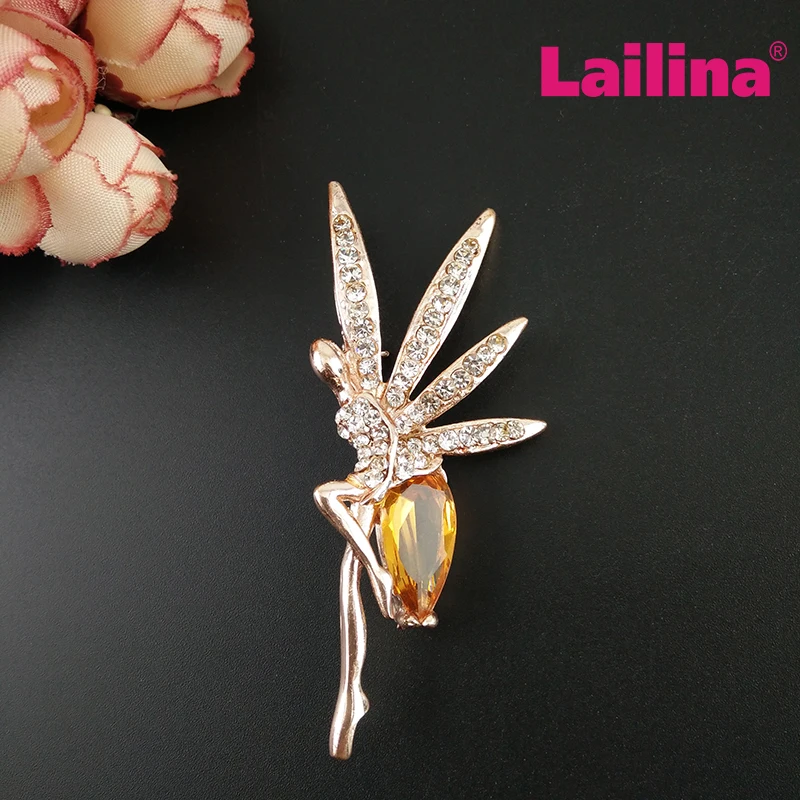 50pcs/lot New Arrival Acrylic Crystal Angel Wings Fairy Brooches Gold Color Rhinestone Brooch Elegant Cute Women Brooch Jewelry