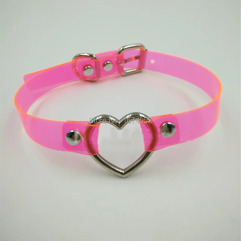 Sexy Kawaii Harajuku Handmade Black Vinyl Pink PVC Clear Choker Heart Buckle Transparent Collar Nekclace